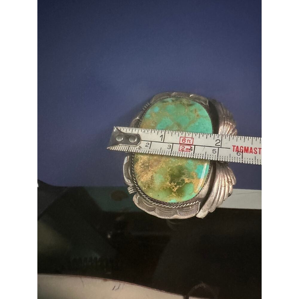 VINTAGE 70's 80's HUGE HEAVY SIGNED NAVAJO CARVED STERLING TURQUOISE CUFF UNISEX - Picture 12 of 14